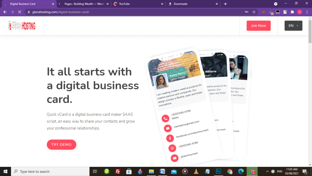 gterahosting business card builder home page