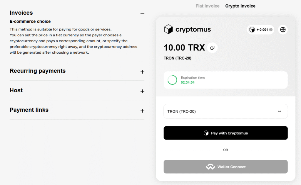 crypto payment invoice with cryptomus